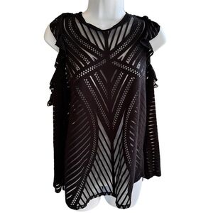 Fourteenth Place Black Cold-Shoulder Sheer Patterned Blouse